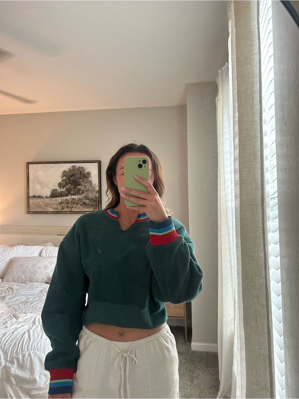 Urban Outfitters Green Fleece Cropped Sweatshirt with Red & Blue Trim